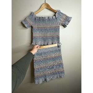 Storia 2 Piece Set Sz L Rainbow Smocked Off the Shoulder Cropped Top & Skirt Y2K